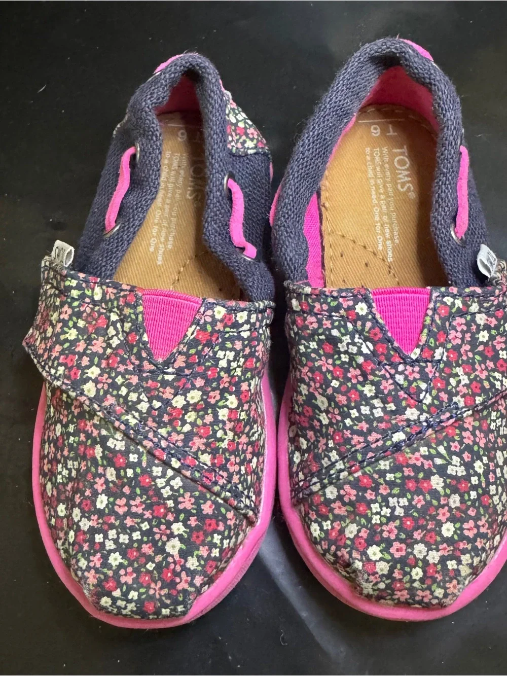 TOMS Baby Girl Navy Floral Slip-Ons with Pink Accents